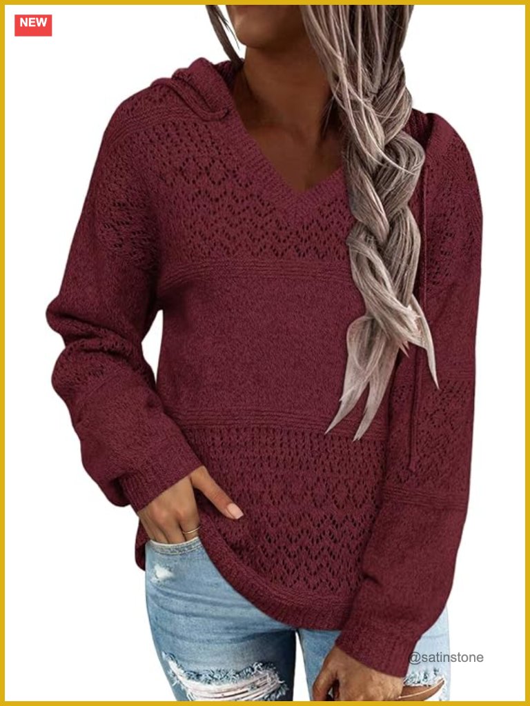 V Neck Striped Color Block Knit Hoodie Sweater Pullover Loose Fit Lightweight